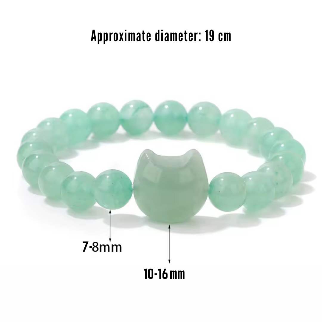 Green beaded stone agate bracelet with a cat-shaped charm on a white background, showing measurements.