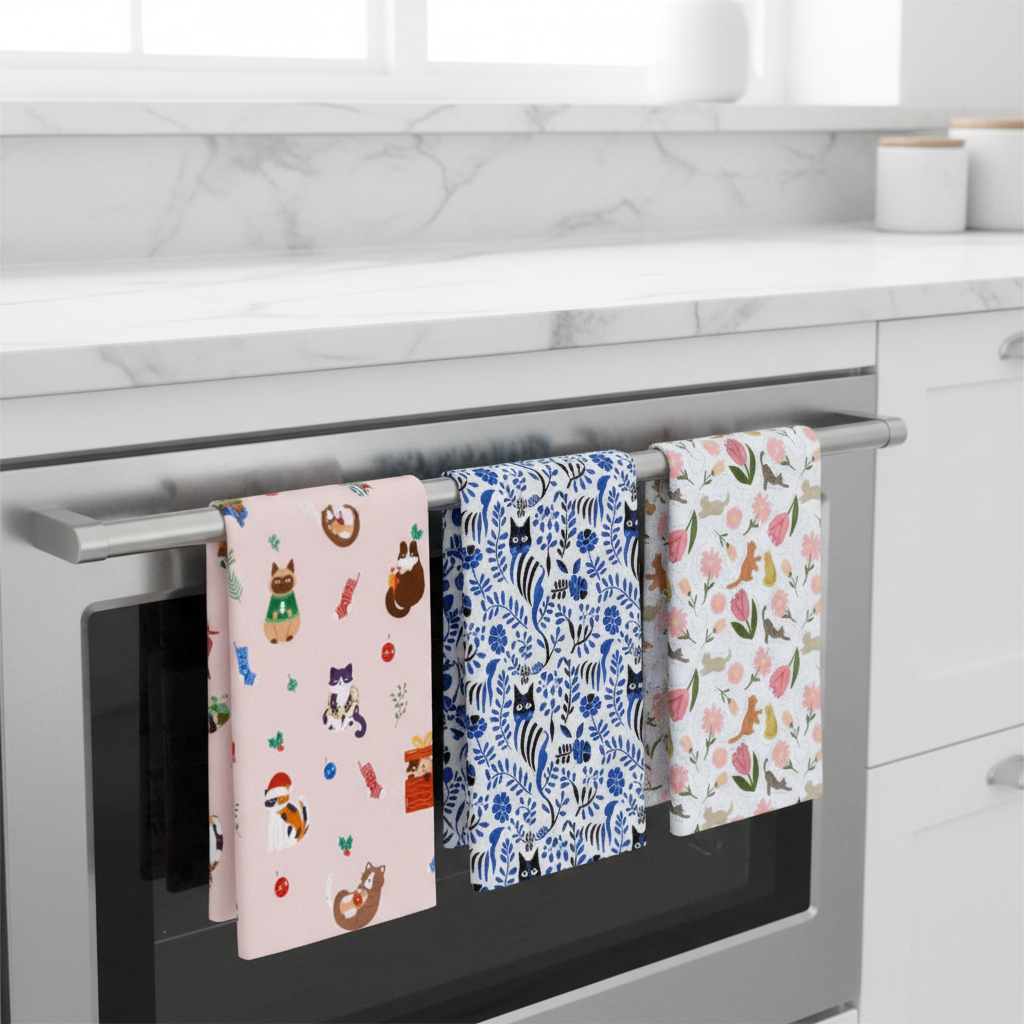 Three Cat Tea Towels hang on the outside of a stainless steel oven in a white kitchen