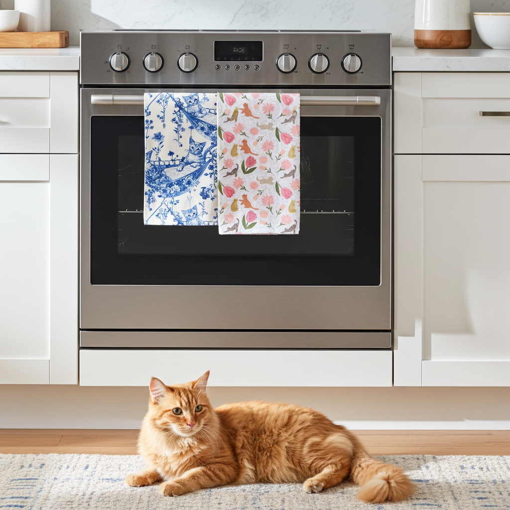 orange cat on the floor of a white kitchen with beautiful colorful tea towels hanging on the oven door