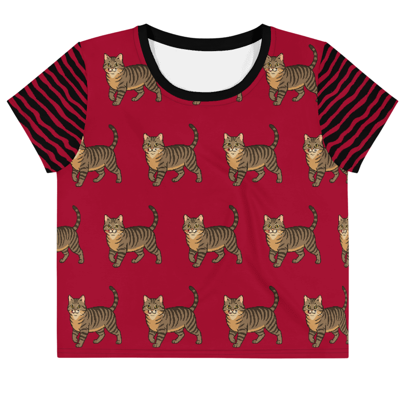 Red t-shirt with striped cat pattern and black striped sleeves on a white background