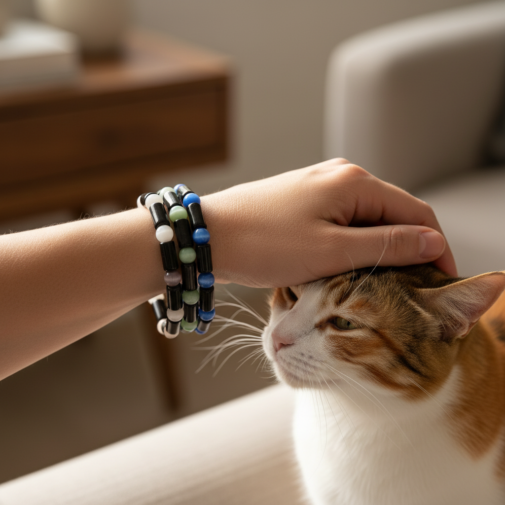 Person petting a cat with colorful Cat Eye glass beaded bracelets on wrist, blurred indoor background