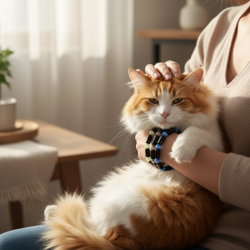 Woman wearing three stacked Cat Eye glass bead bracelets as she sits in a living room holding an orange long hair cat