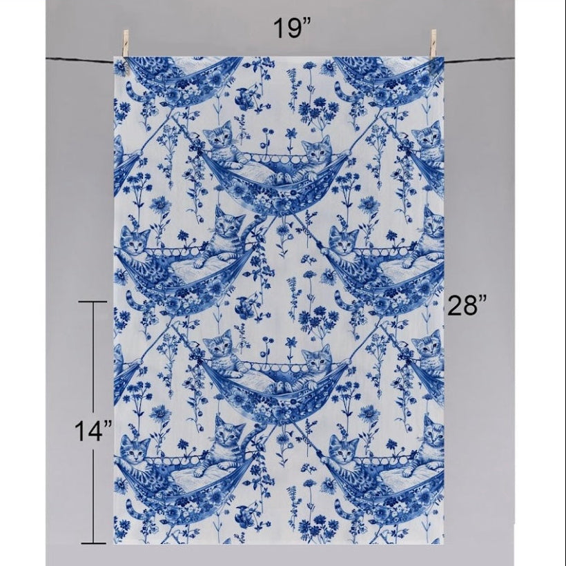 Blue and white toile pattern Tea Towel featuring cats lazing about in hammocks. 