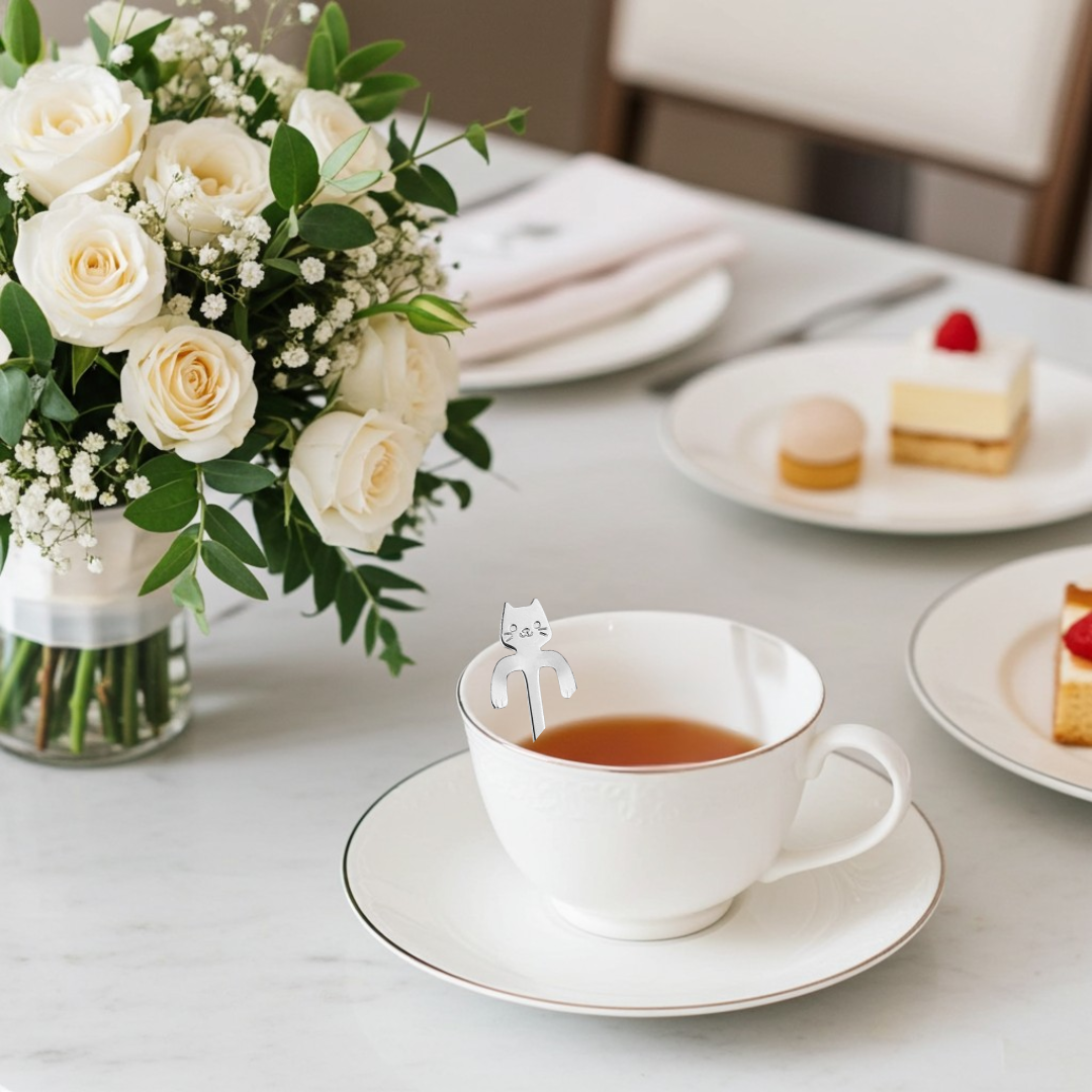 Tea cup with a silver Triple T Studios Cat Spoon, flowers, and pastries on a table.