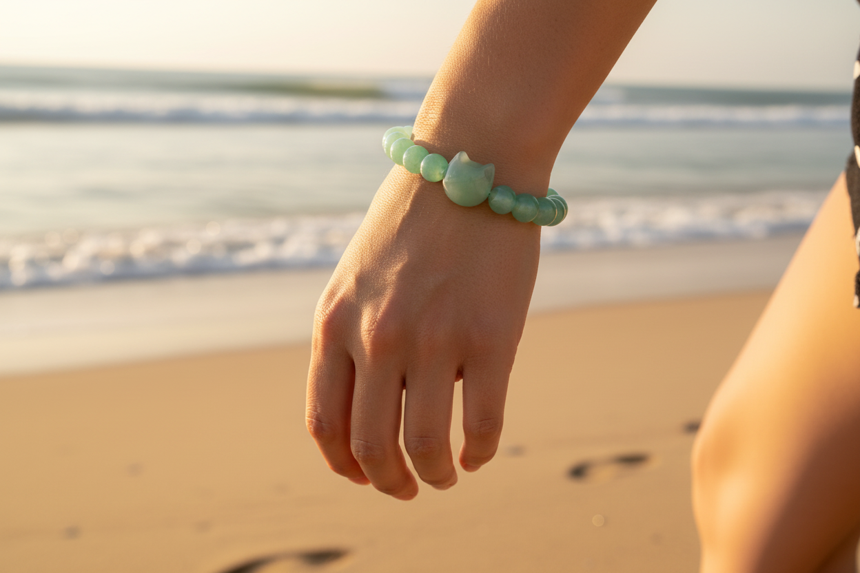 Hand wearing a Green Aventurine beaded bracelet on a beach with ocean in the background