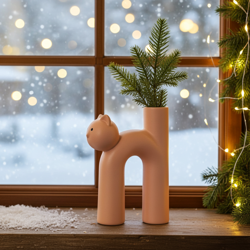 Modern arched cat vase with winter greenery on a windowsill with fair lights and snow in front of a window