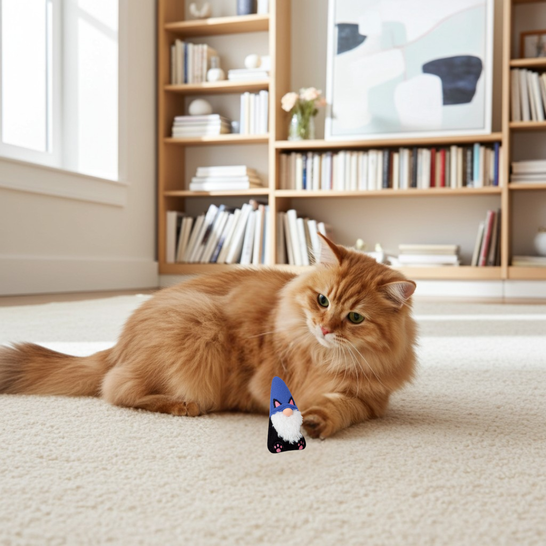 Orange cat lying on a carpeted floor playing with his Triple T Studios Black Cat Gnome Toy with a bookshelf in the background