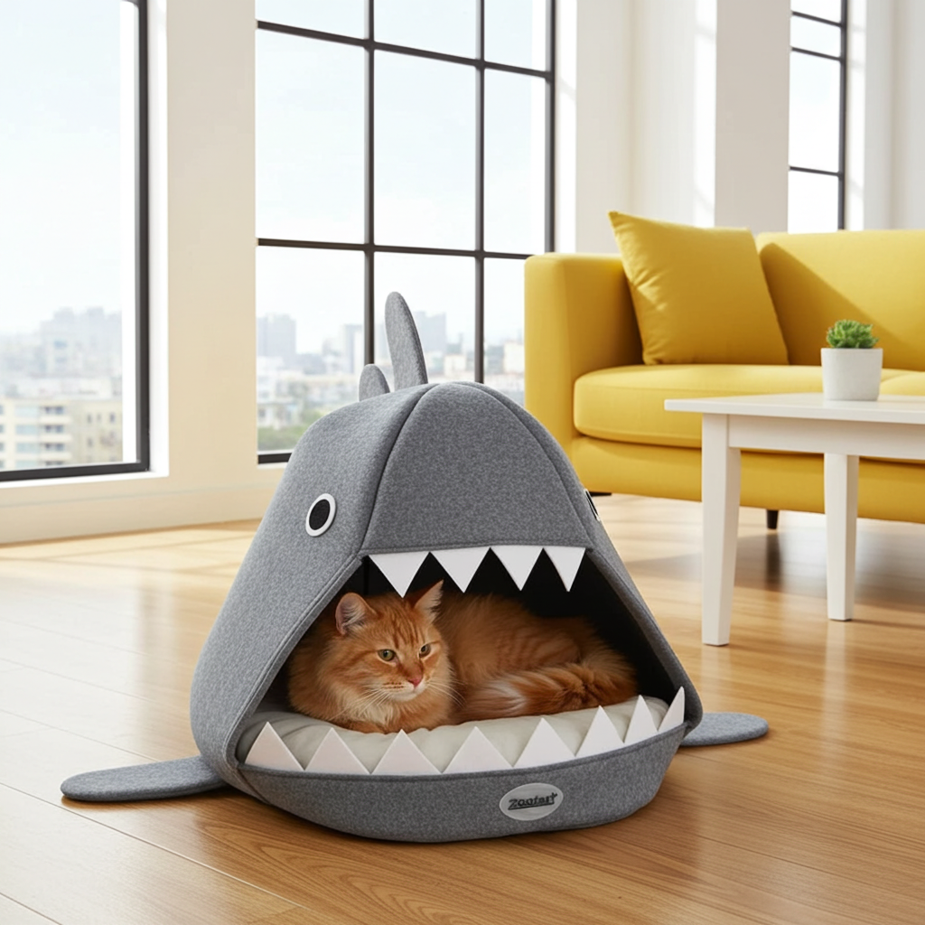 Cat lying in a shark-shaped pet bed in a modern living room.