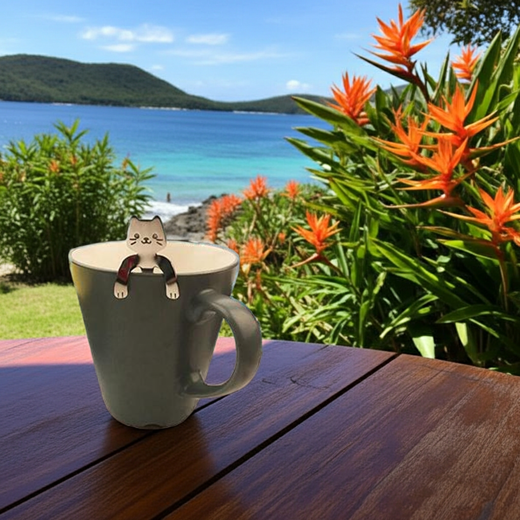Triple T Studios Cat Spoon in a gray mug on a wooden table with a scenic background of ocean and flowers.