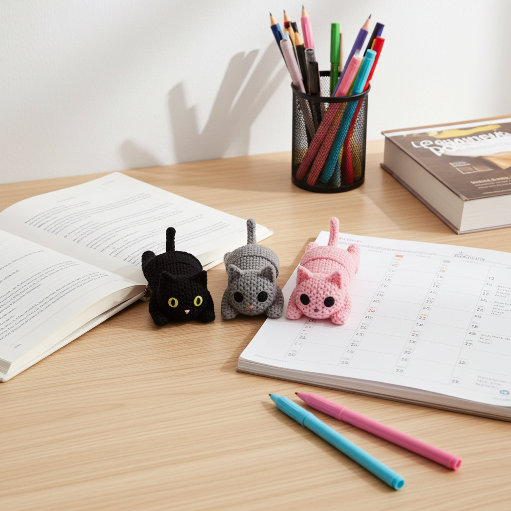 Three small cat-shaped knit textured  fidget toys on a wooden desk with books and pencils. 