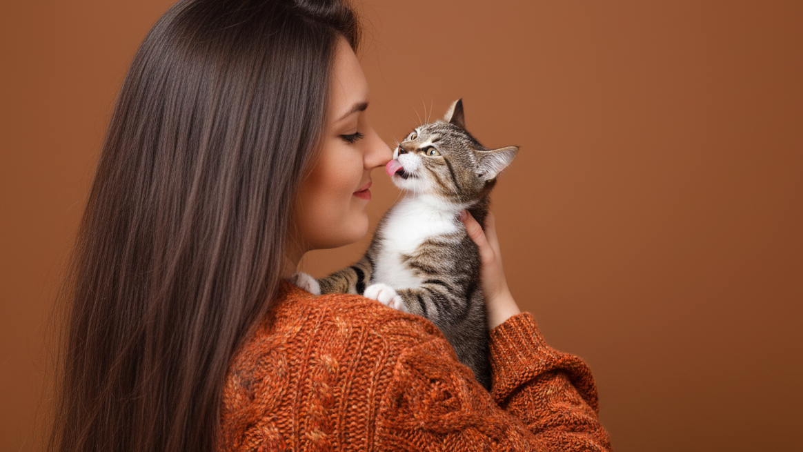 woman wearing an orange sweater holding a tabby cat against a brown background