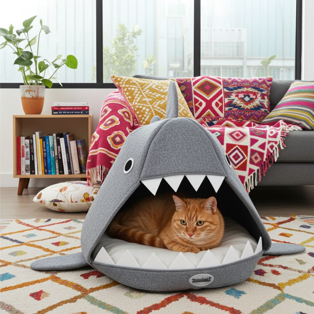 Cat lying in a shark-shaped pet bed in a cozy living room.
