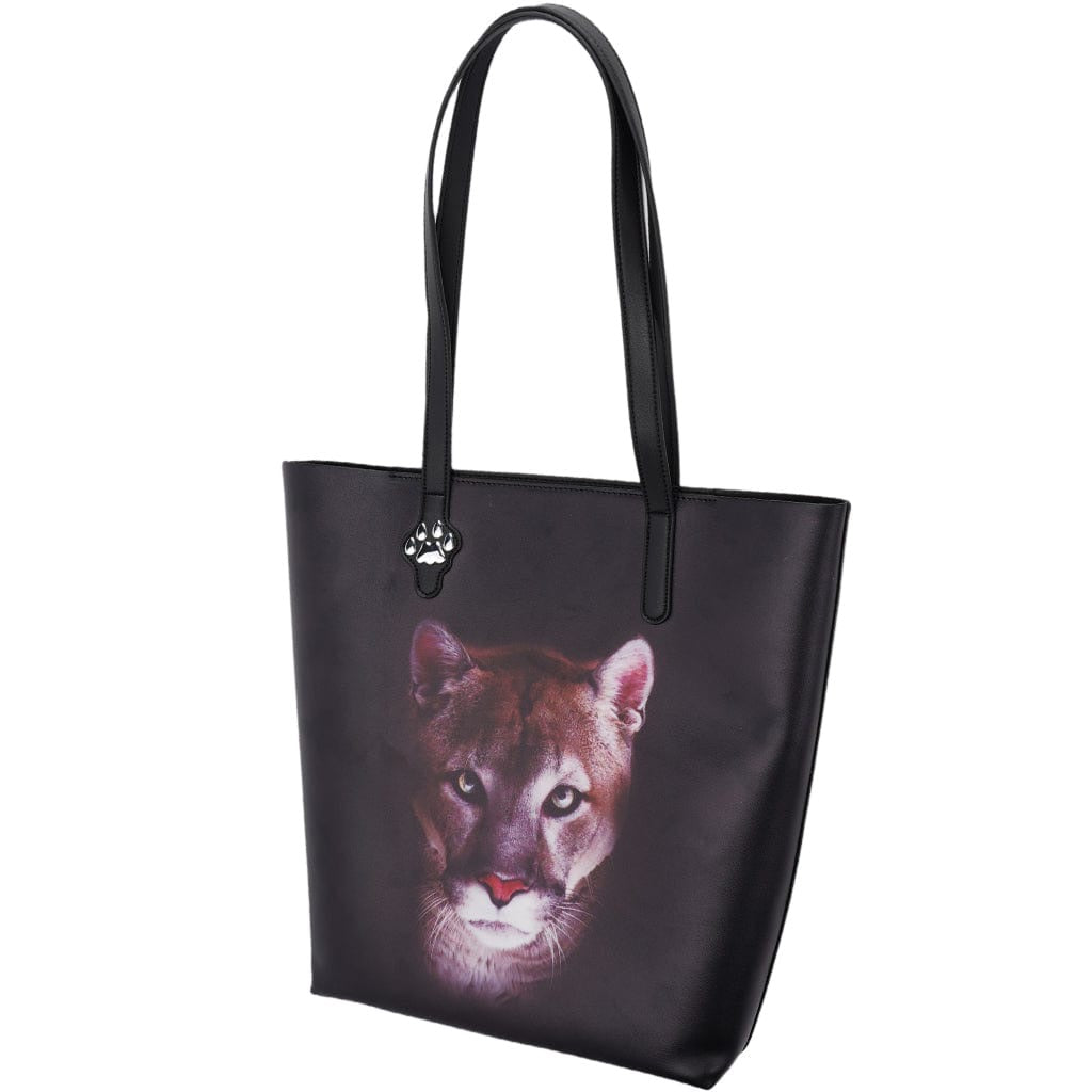 Black tote bag with a cougar face design on a white background