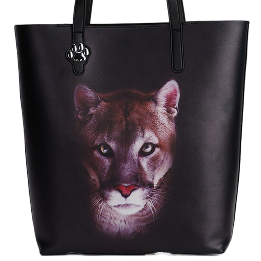 Black tote bag with a cougar design on a white background