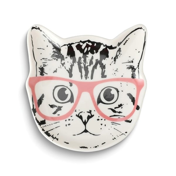 Cat shaped trinket plate with pink glasses on a white background