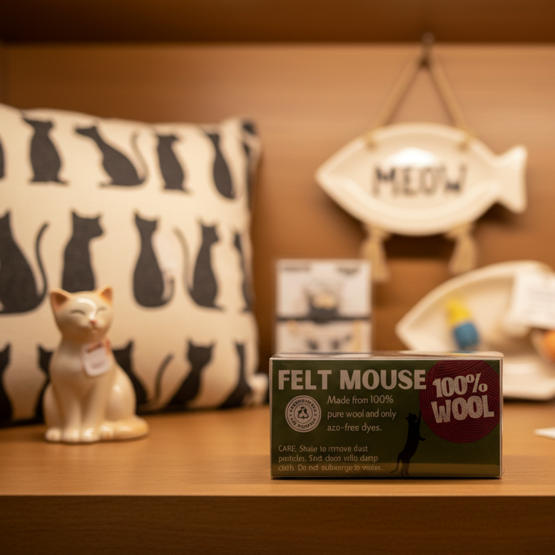 Wool felt mouse in a box on a wooden shelf in a cat boutique 