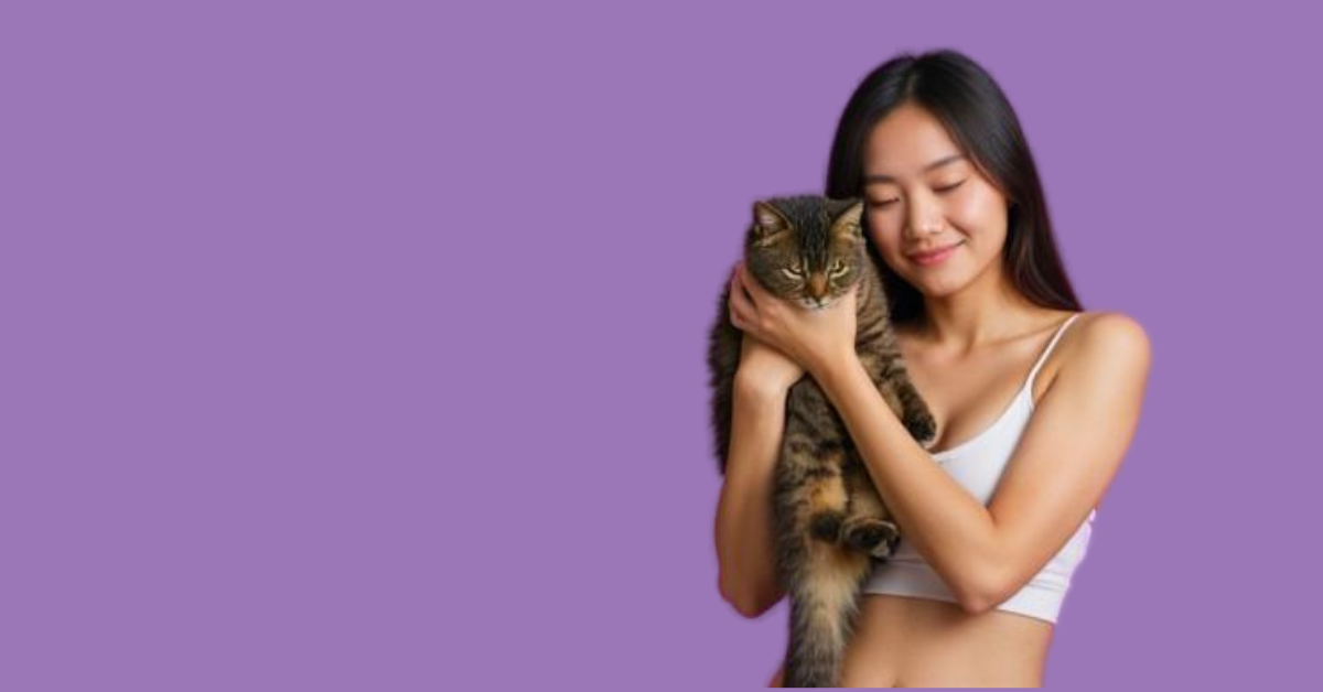 Woman holding a cat against a purple background