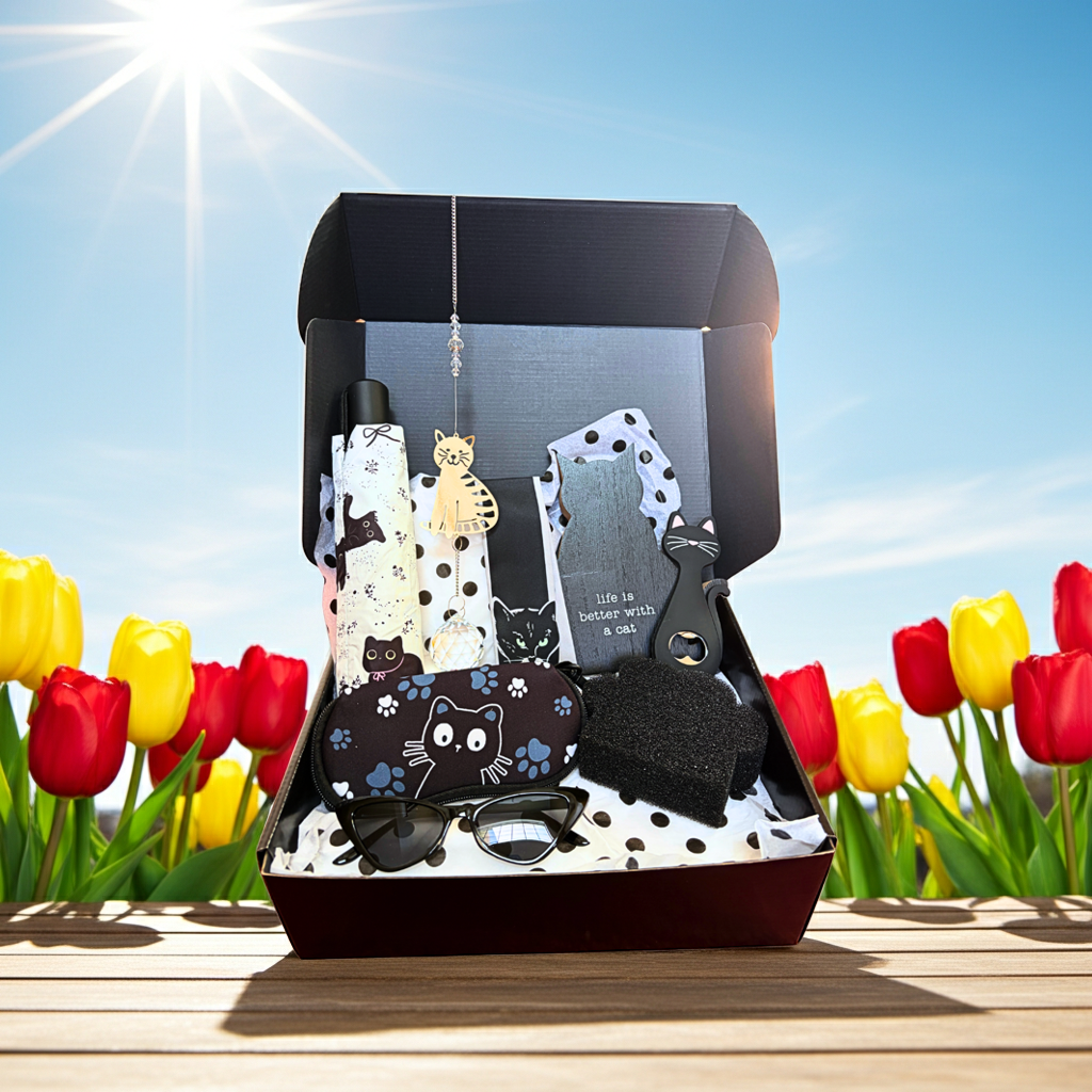 Set of cat-themed items in an open box with tulips in the background