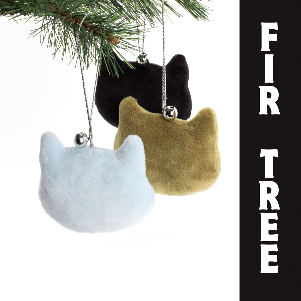 Three cat-shaped Christmas ornaments hanging from a tree branch with 'Fir Tree' text on the side.