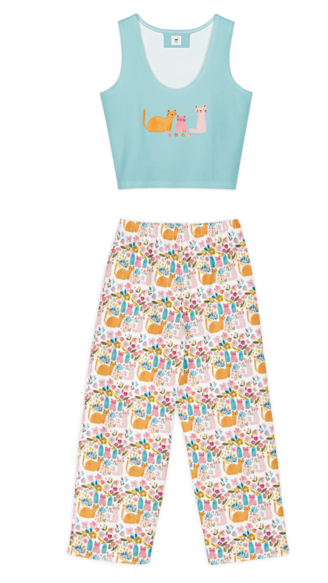 A two-piece loungewear set featuring a blue tank top with cats and matching patterned pants with a colorful cat print on a white background.