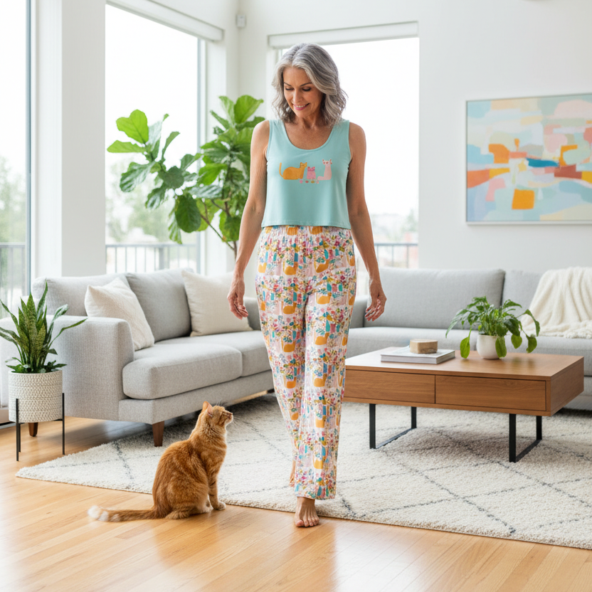 A woman wearing a light blue tank top and colorful floral pajama pants walks barefoot in a bright, modern living room with a ginger cat sitting on the wooden floor.