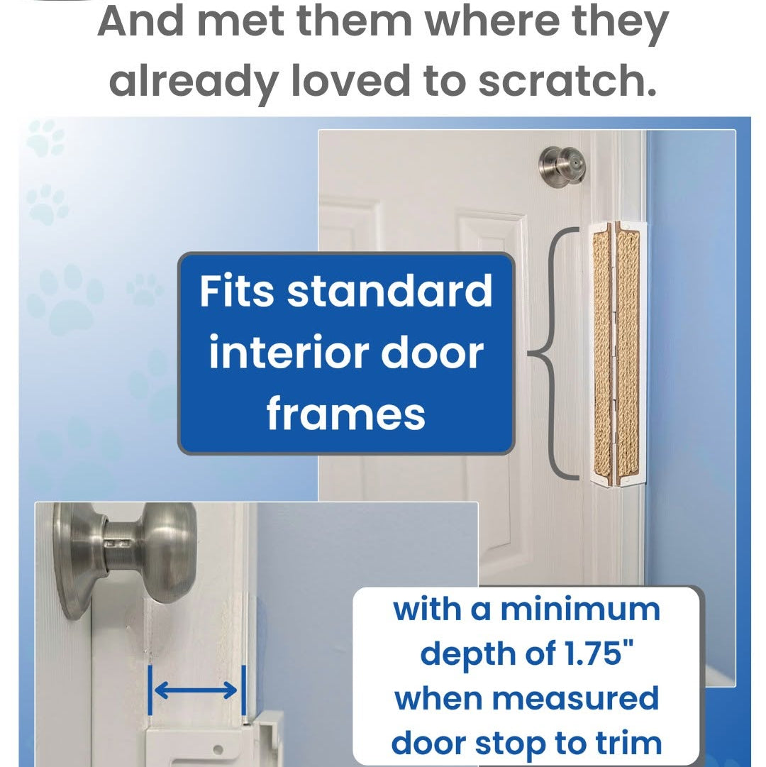 Promotional graphic for a door scratcher or door stopper accessory, showing inset photos of a white interior door with a metal doorknob, a close-up of the product mounted on the door edge, and text stating it fits standard interior door frames with a minimum depth of 1.75 inches when measured door stop to trim.