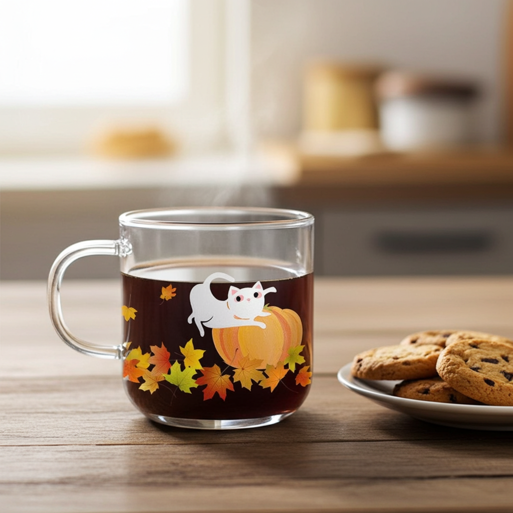 Glass mug with a pumpkin and White Cat design filled with coffee on a wooden table with cookies.