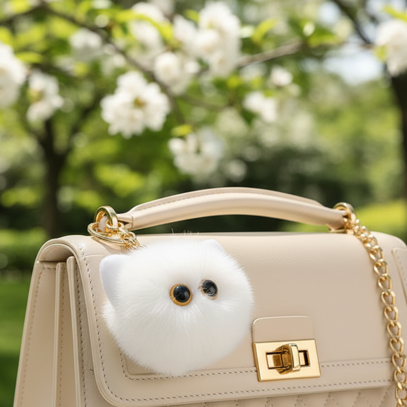 Beige handbag with a white fluffy pom-pom accessory in a park setting
