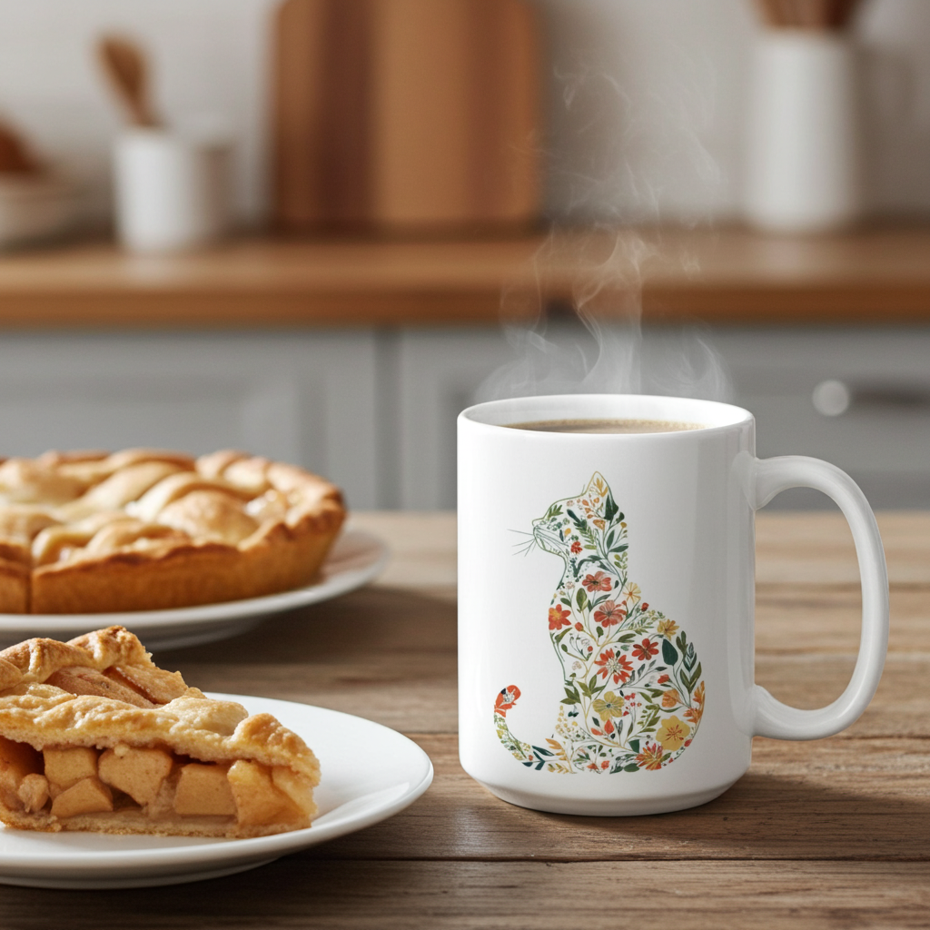 White mug with floral cat design on a wooden table with pies in the background
