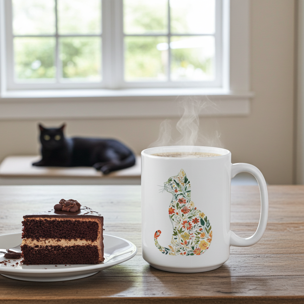 White mug with floral cat design, steaming hot chocolate, slice of chocolate cake, and black cat in the background.