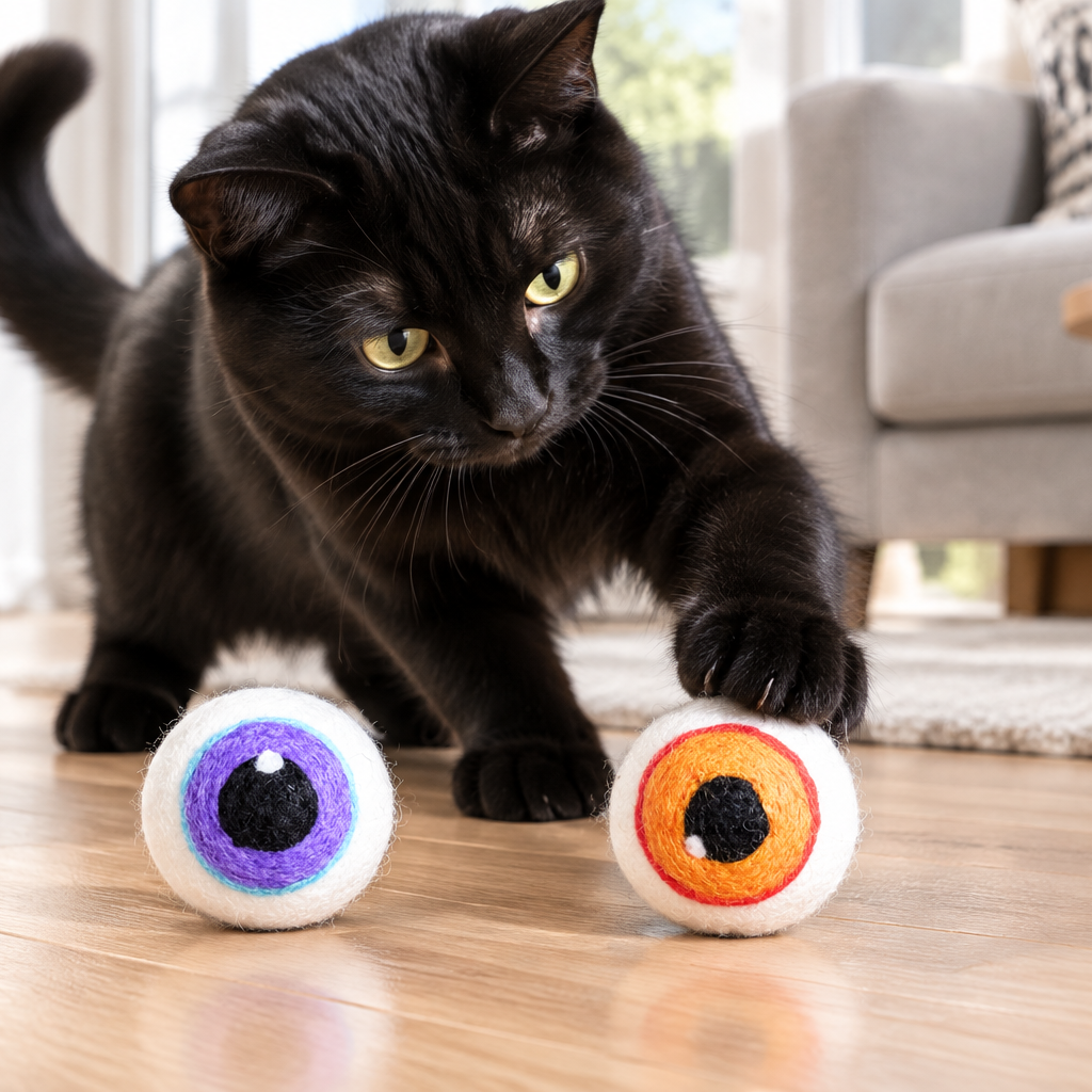 A black cat with yellow eyes stands on a wooden floor in a bright living room, reaching toward two novelty eyeball-shaped toys in front of it.