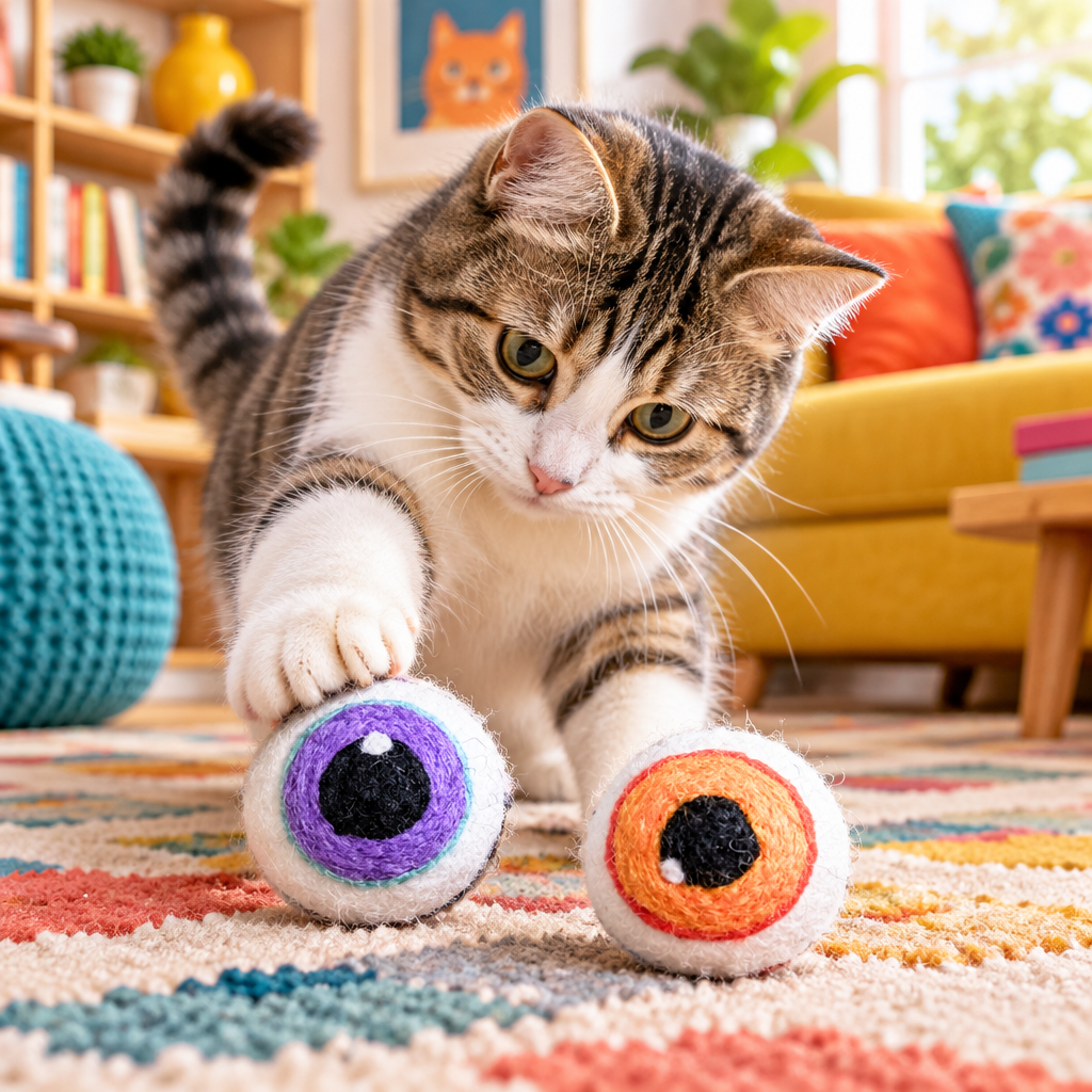 Felted Wool Cat Toys that look like eyeballs being played with by a tabby cat in a brightly colored living room