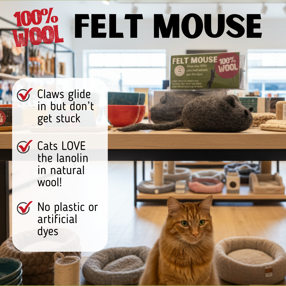 Cat sitting next to a natural wool felt mouse product with promotional text about its features.