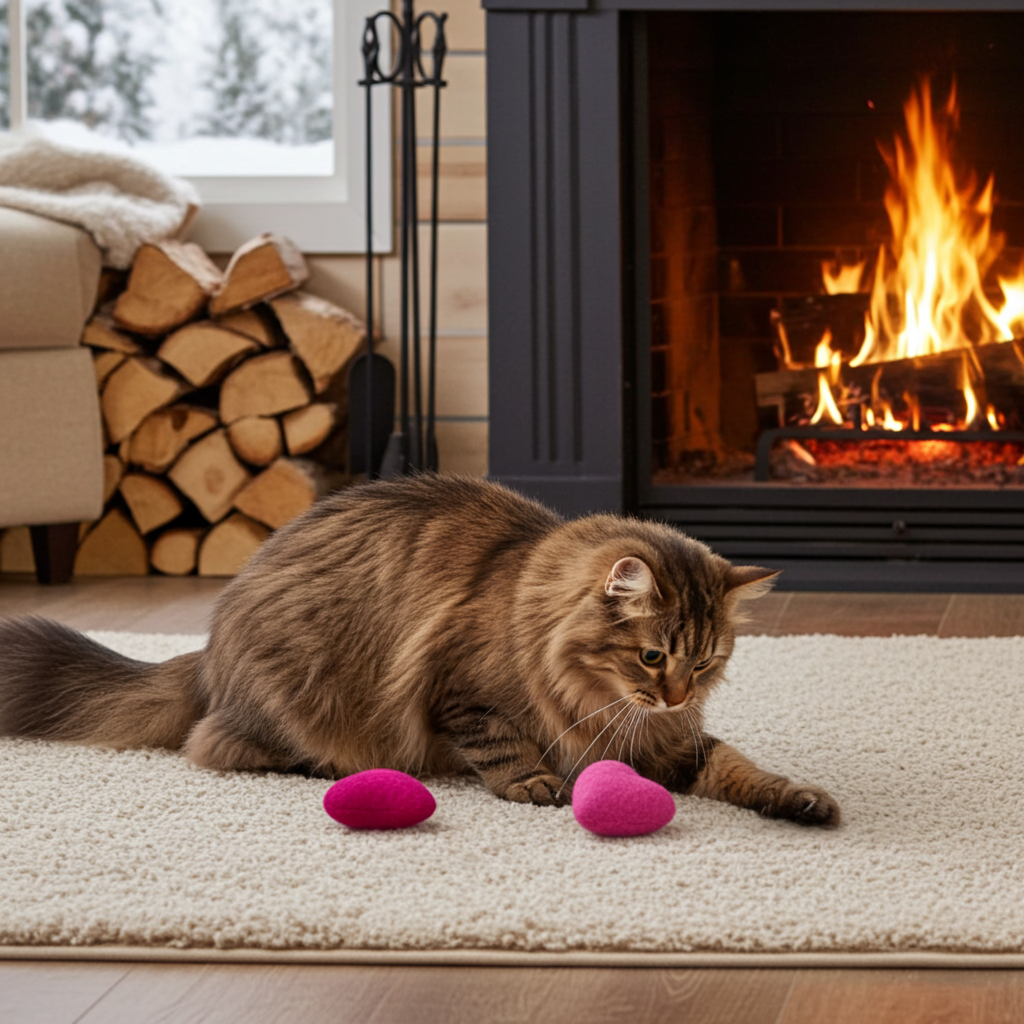 Cat playing with pink Wool Felt Heart-shaped toys on a rug in front of a fireplace