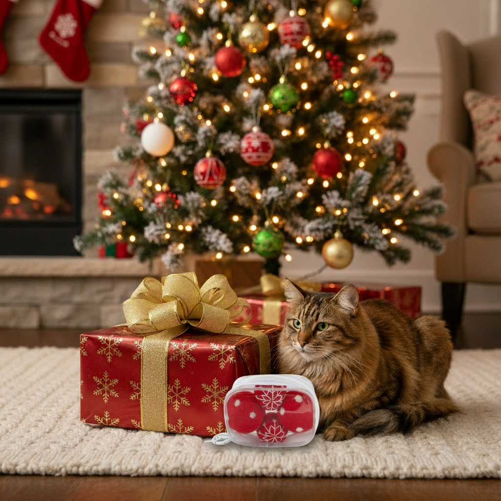 Cat sitting on a rug next to a Christmas gift of Triple T Studios red holiday Wool Felt Toys with a decorated tree in the background.