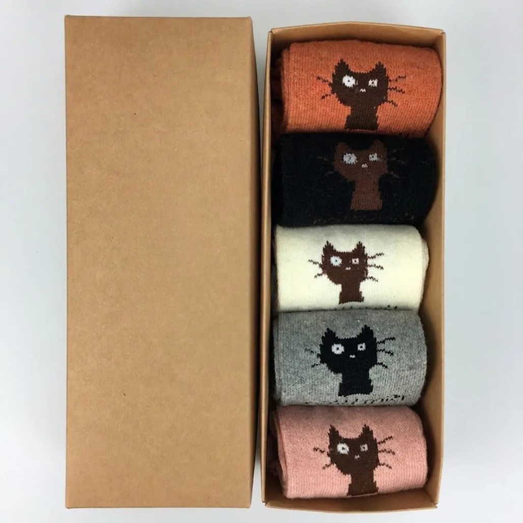 Wool Blend Crew CAT Socks | GIFT SET of 5 pair