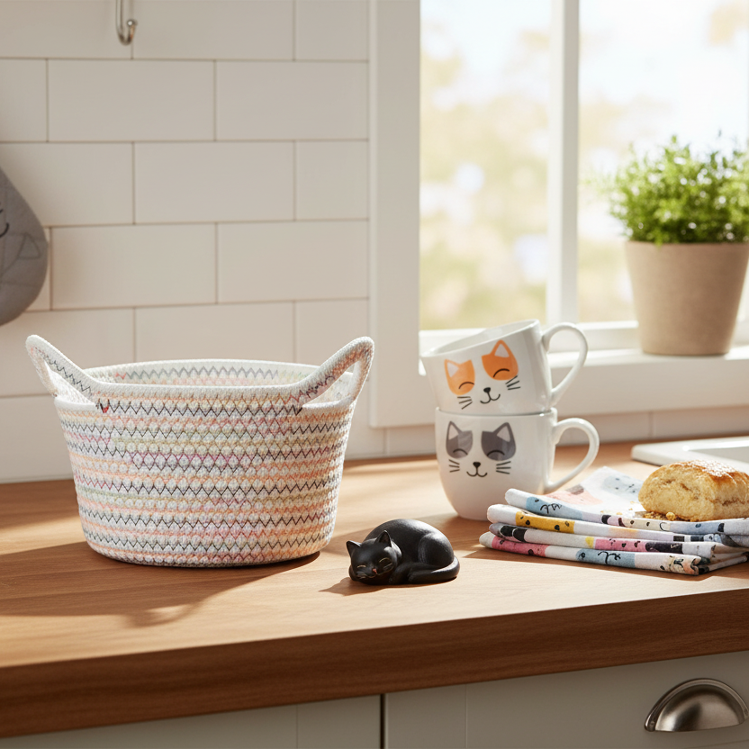 Woven Cat Ear cotton rope basket on a kitchen counter with a cat-themed mug and decor items.