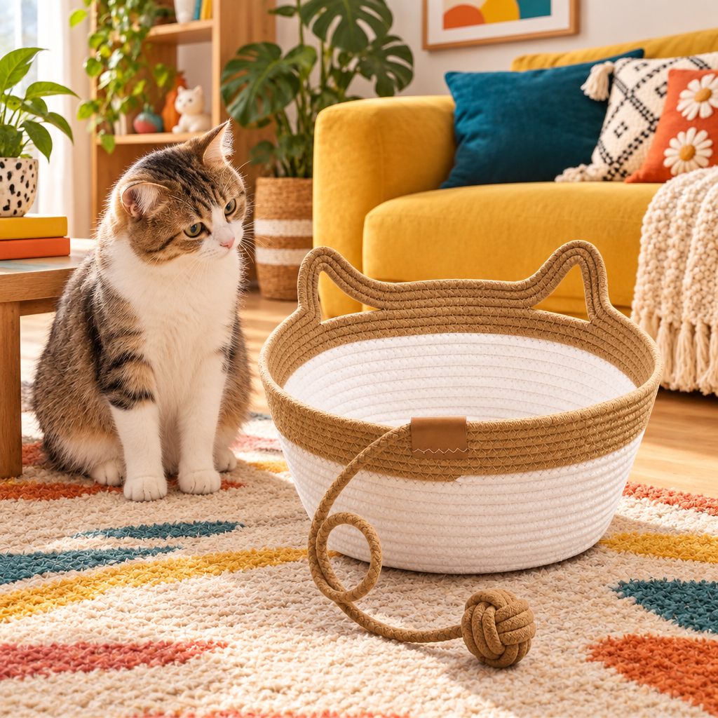 A tabby and white cat sits beside a woven rope cat toy basket with a long tail and ball, set on a colorful patterned rug in a bright, modern living room with a yellow sofa and plants.