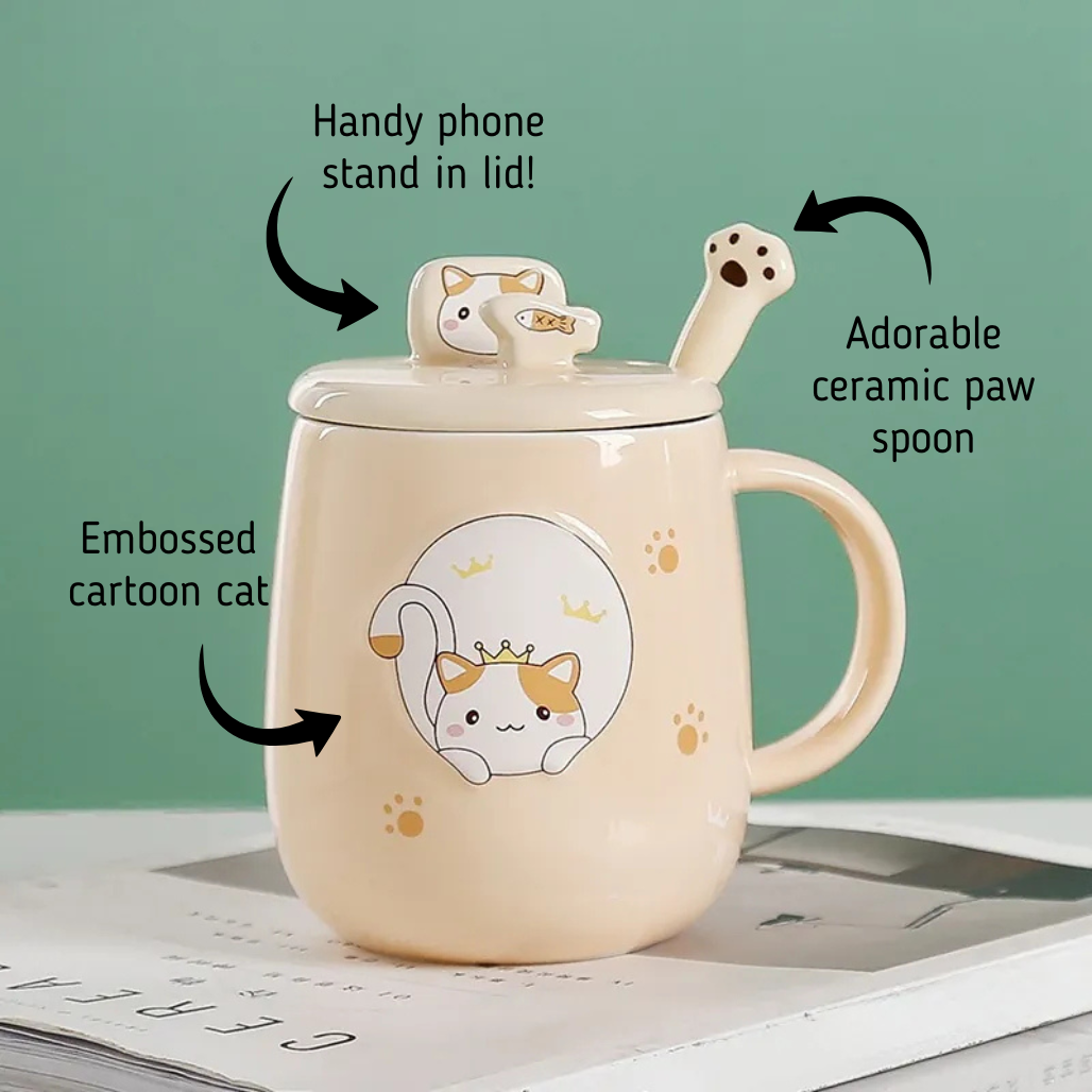 Royal Cat Ceramic Mug, Lid, Spoon | 3 pc GIFT set