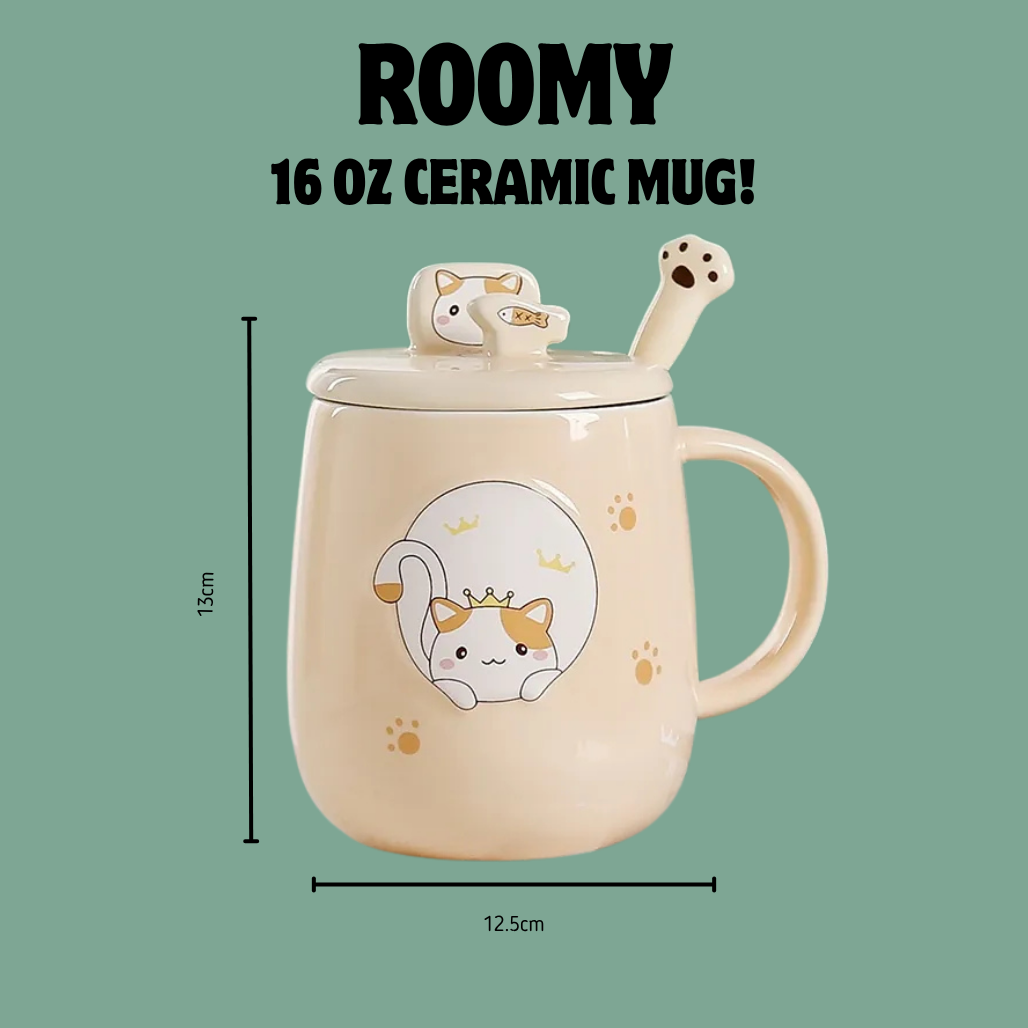 A 16 oz ceramic mug in a warm cream color with a cute cartoon cat illustration on the front, a matching lid with a cat-shaped handle, and a small spoon with a paw-shaped end. The image includes text and dimension lines showing the mug's height as 13cm and width as 12.