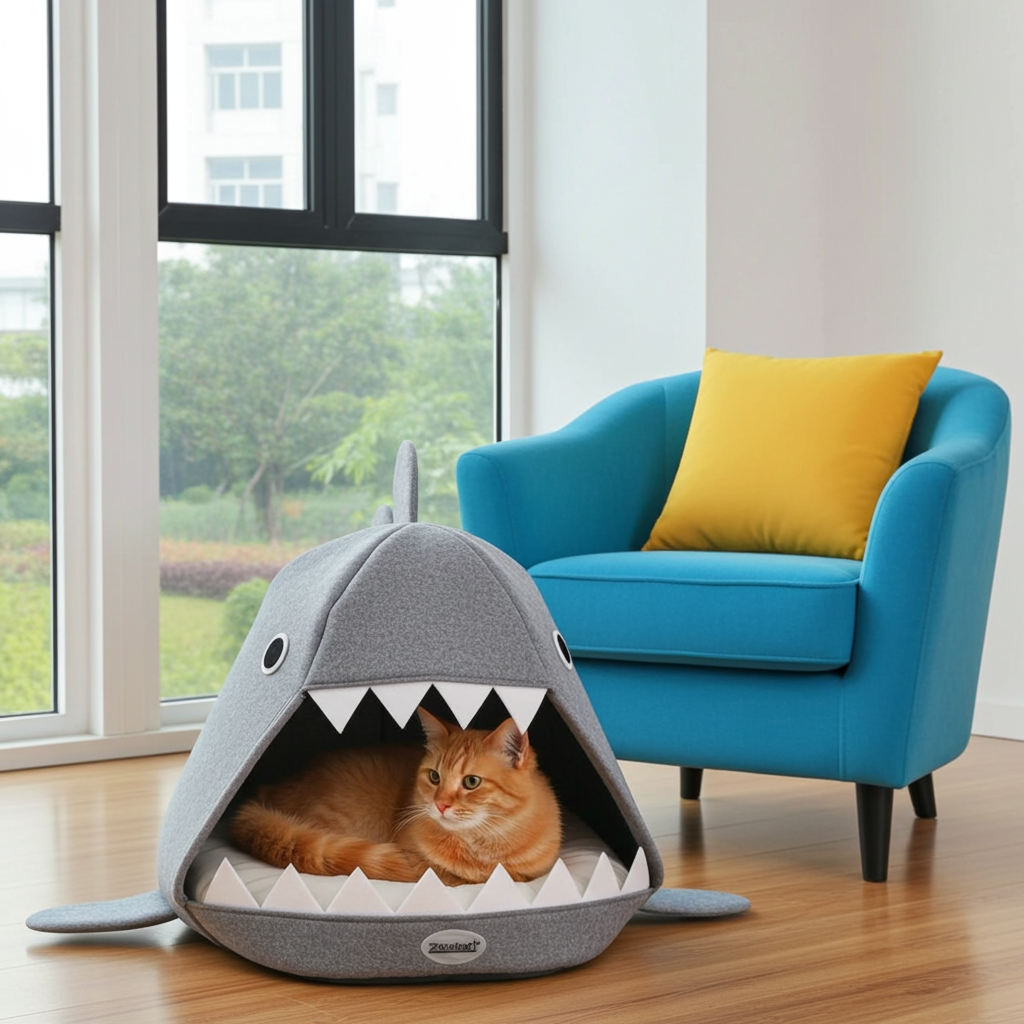 Cat lying in a shark-shaped pet bed in a room with a blue chair and yellow pillow.