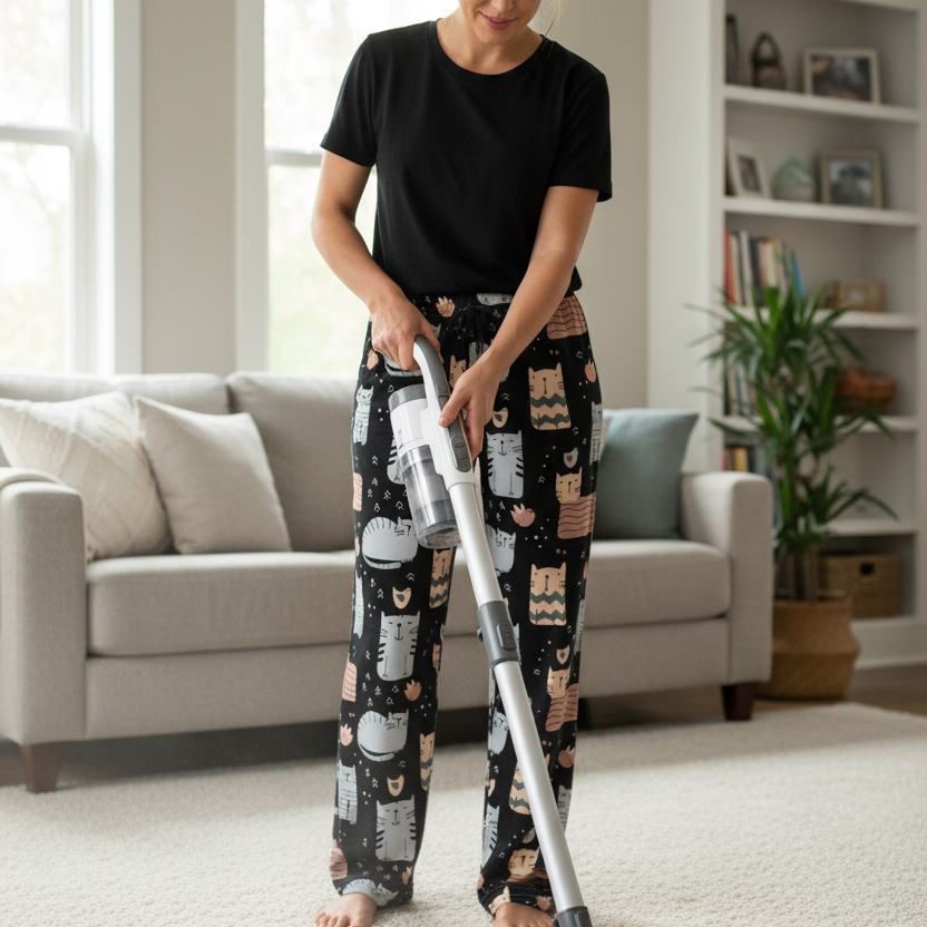 Woman cleaning a carpet with a vacuum cleaner in a living room.
