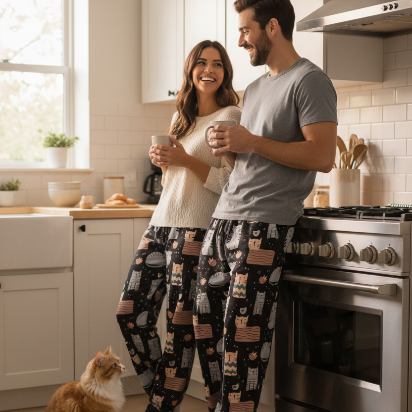 Man and woman in cat print pajama pants standing in a kitchen holding mugs.
