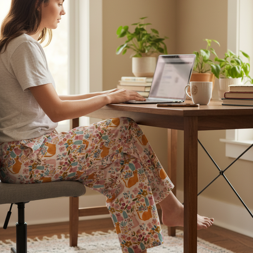 Woman in pajama pants working on a laptop with a cat under the desk in a home office setting.