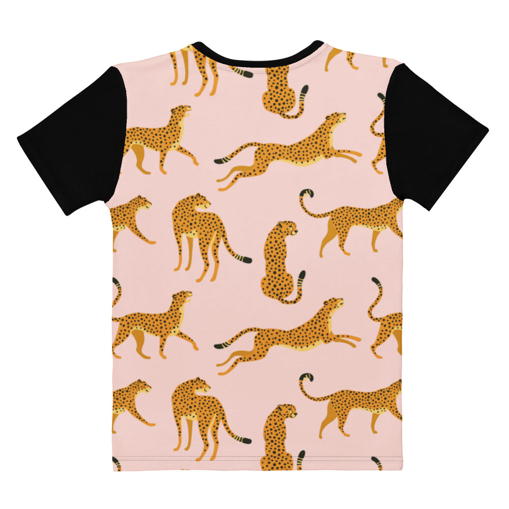 Triple T Studios Cheetahs Running on a pink tee with contrast sleeves