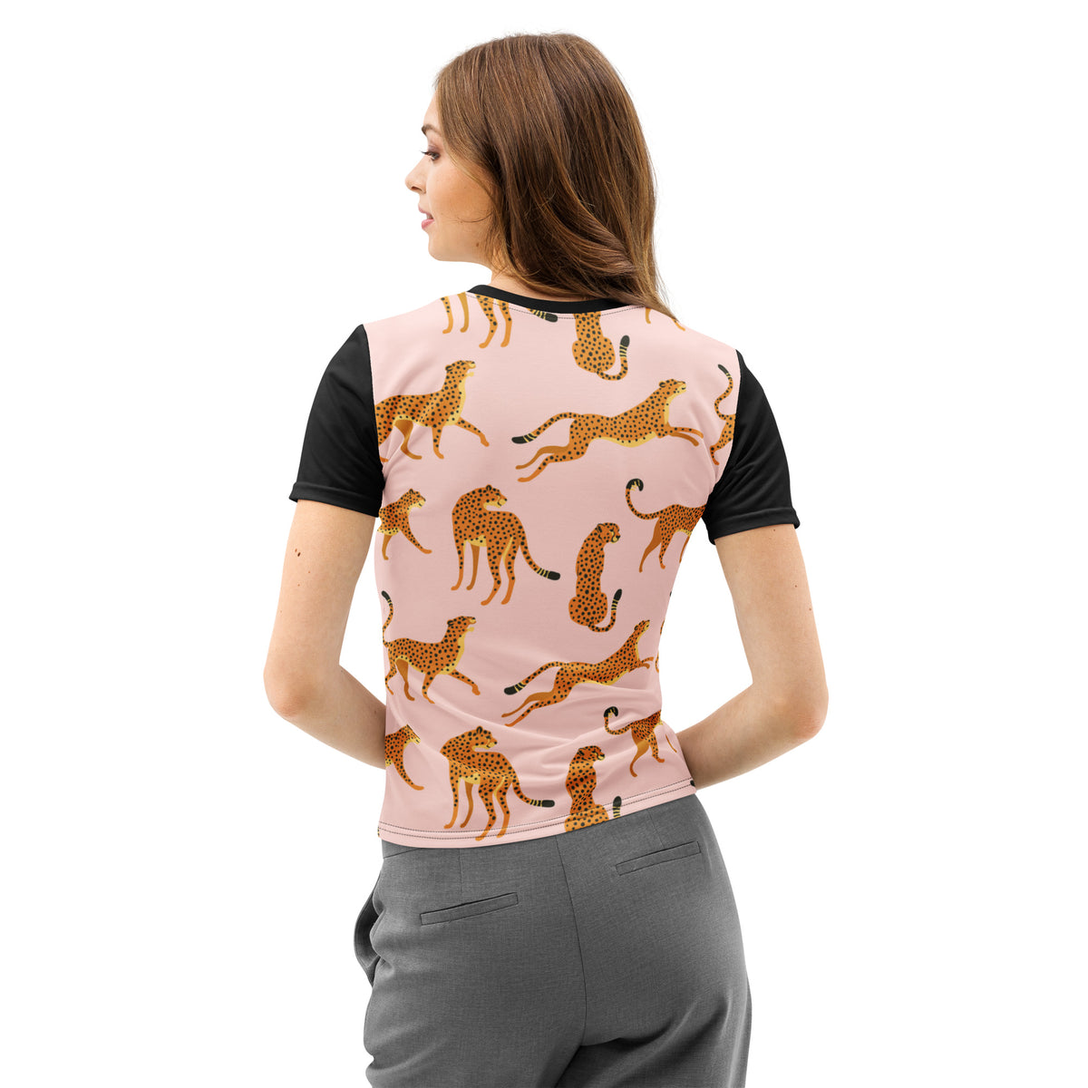 Triple T Studios Cheetahs Running on a pink tee with contrast sleeves