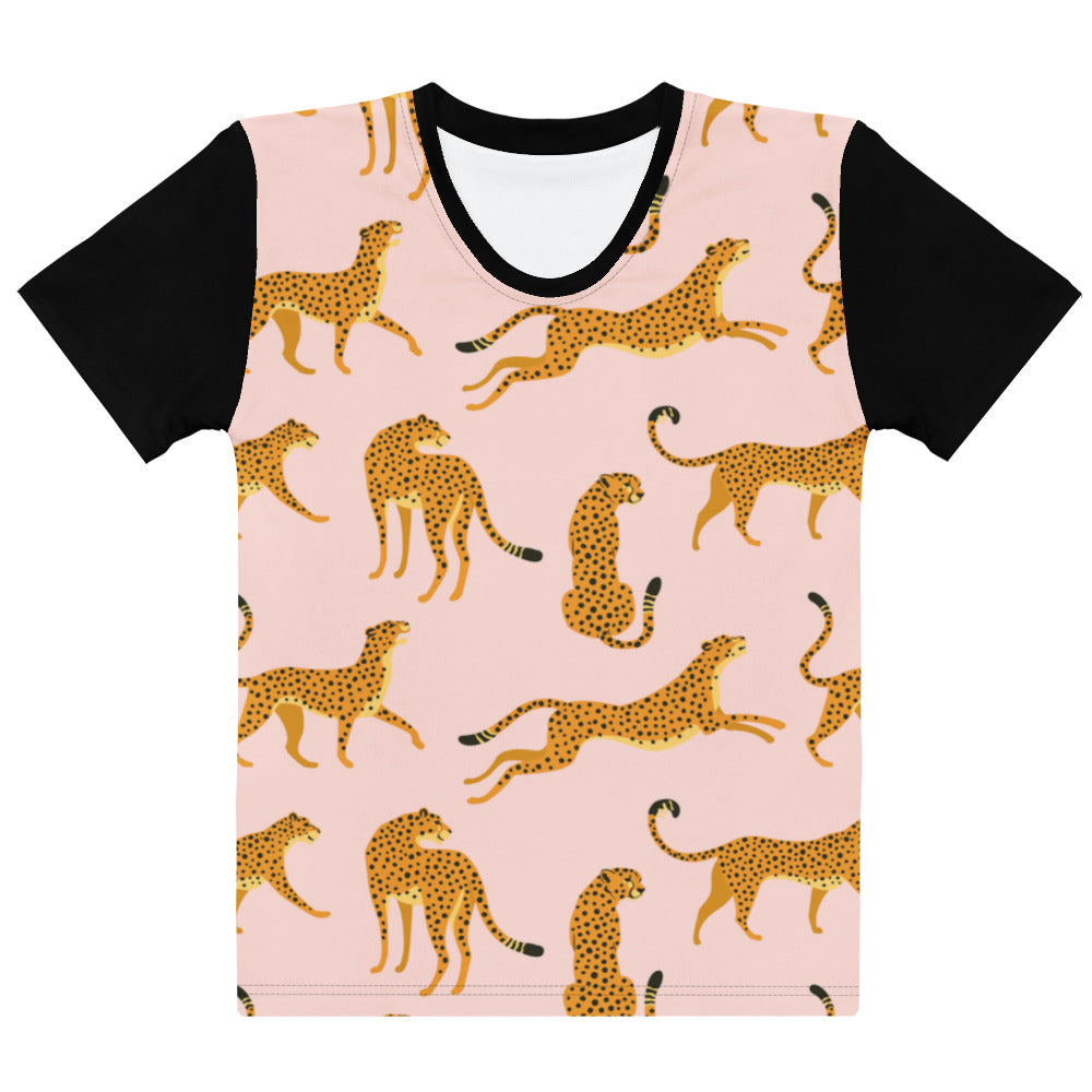 Triple T Studios Cheetahs Running on a pink tee with contrast sleeves