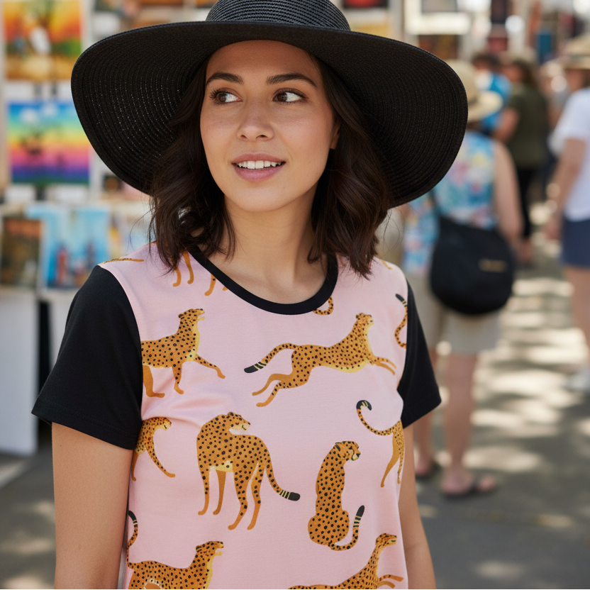 Woman wearing a black sun hat and a pink shirt with animal prints at an outdoor market.