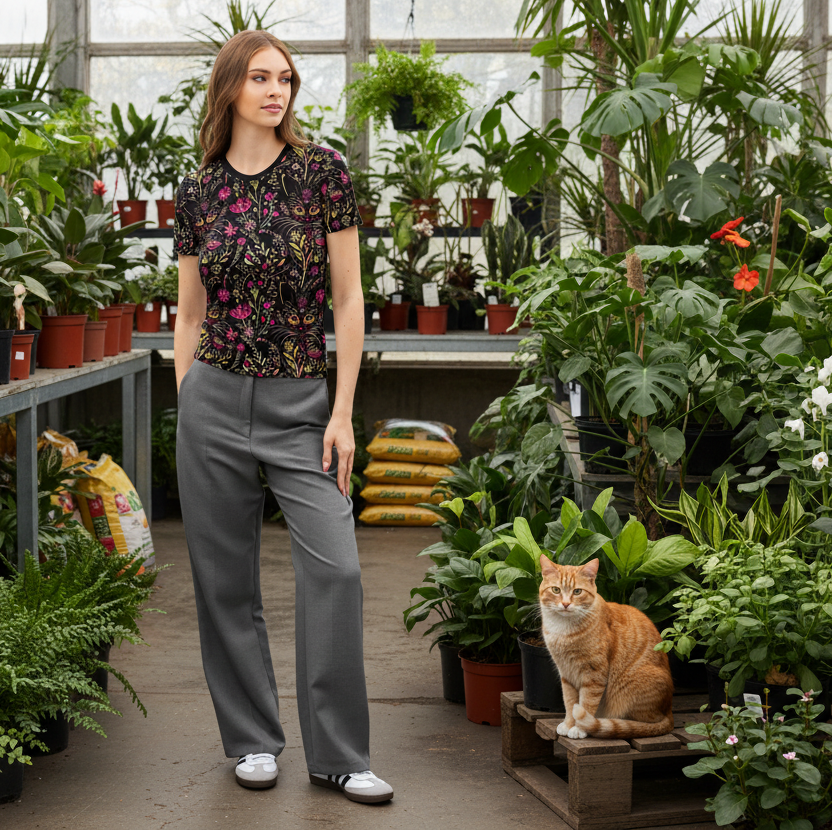 Woman standing in a greenhouse wearing a Triple T Studios all over Floral Cat Print t-shirt. She’s standing in a plant store and there is a cat on a pallet nearby.