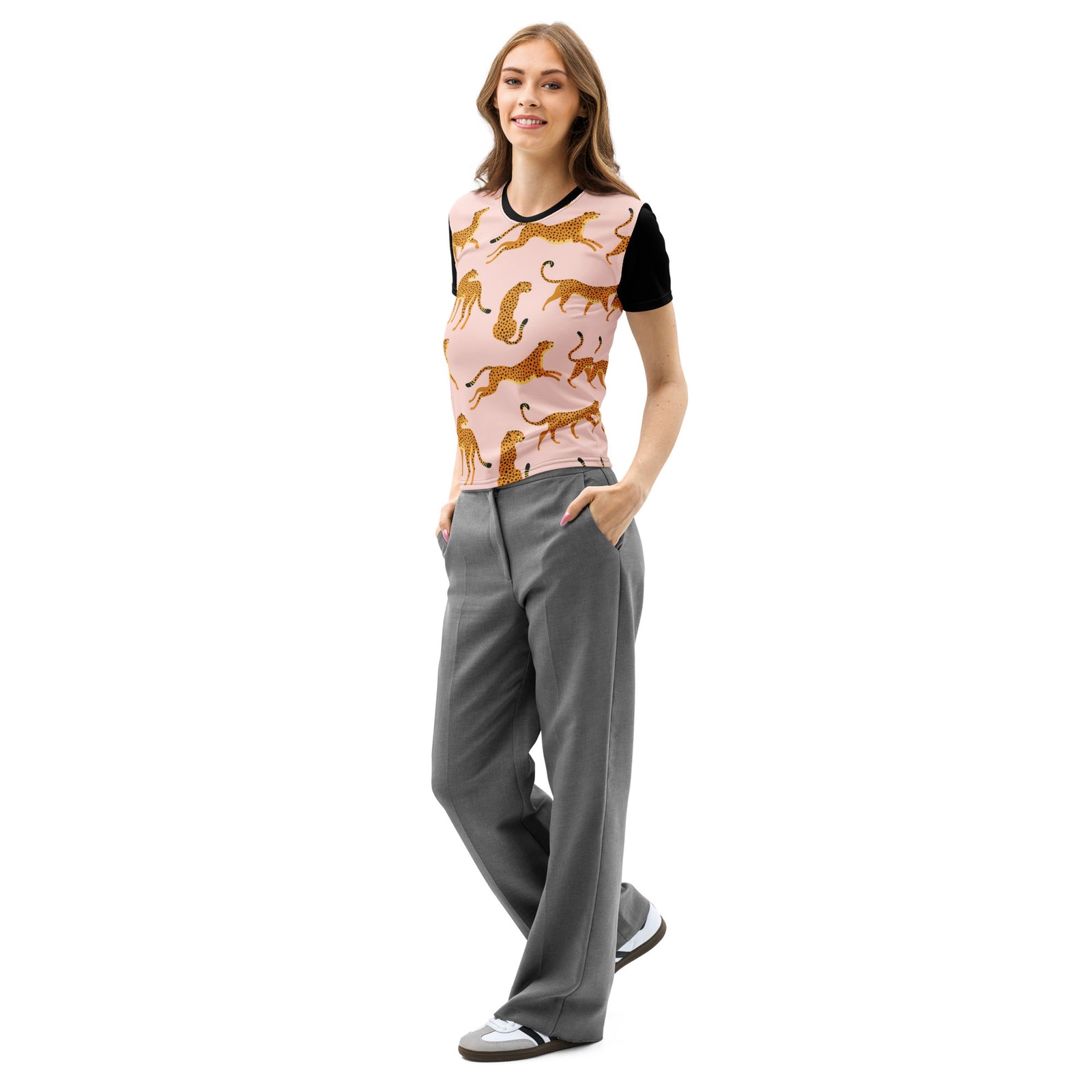 Triple T Studios Cheetahs Running on a pink tee with contrast sleeves